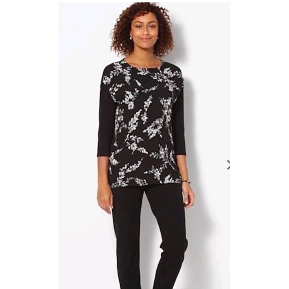 J Jill Wearever Mixed-Media Top L Black White Floral Knit Minimalist